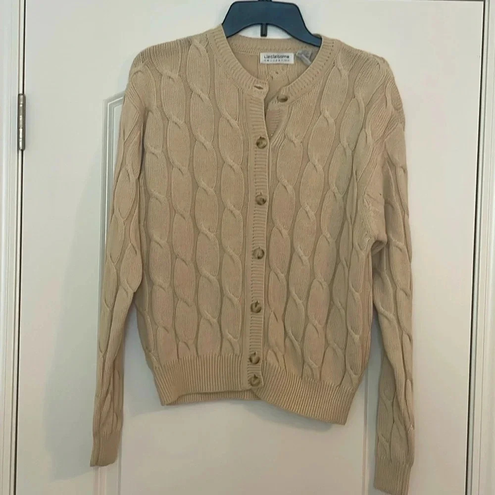 Vintage Liz Claiborne Cream Button Down Knit Cardigan Sweater Size Small